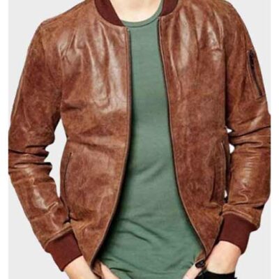 Brown Bomber Distressed Leather Jacket on Sale