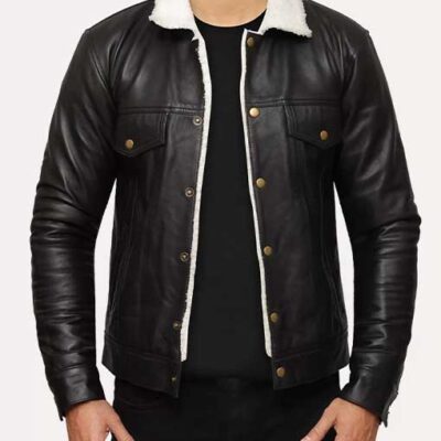 Black Leather Jacket with Fur Collar Men's