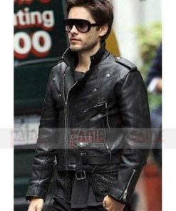 Alternative view of Jared Leto Black Leather Moto Jacket for Men on Sale