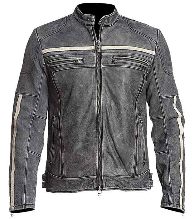 Cafe Racer Vintage Retro Moto Grey Distressed Leather Jacket
