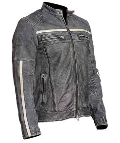 Alternative view of Cafe Racer Vintage Retro Moto Grey Distressed Leather Jacket