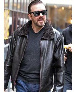 Ricky Gervais After Life Black Fur Collar Leather Jacket