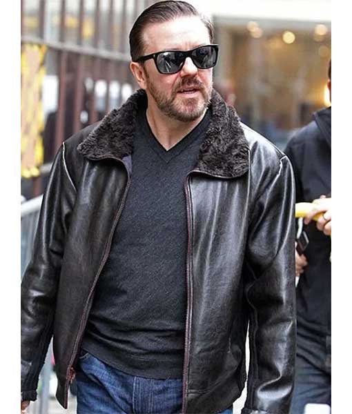 Ricky Gervais After Life Black Fur Collar Leather Jacket