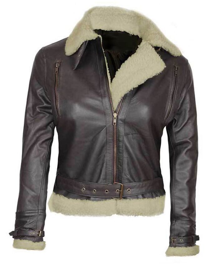 Aviator Dark Brown Leather Shearling Jacket Women