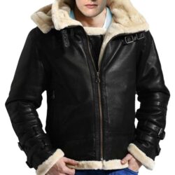 B3 Flight Bomber Real Leather Fur Black Leather Hooded Jacket