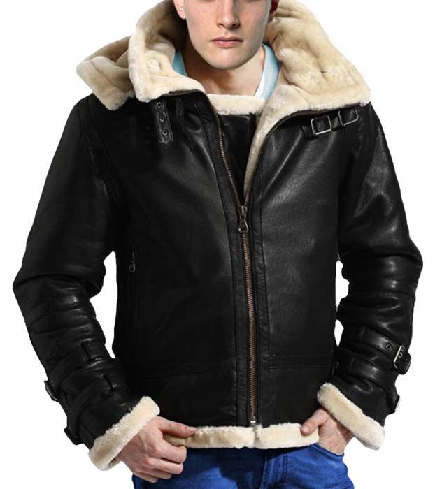 B3 Flight Bomber Real Leather Fur Black Leather Hooded Jacket