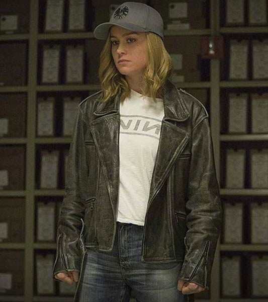 Captain Marvel Distressed Black Leather Biker Jacket