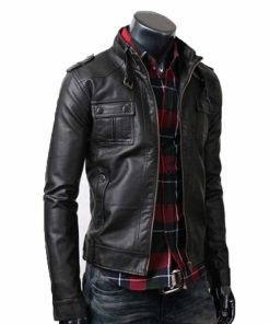 Alternative view of Men's Casual Button Pocket Slim Fit Black Leather Jacket