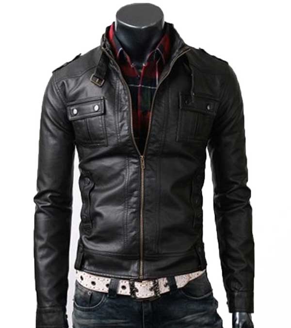 Men's Casual Button Pocket Slim Fit Black Leather Jacket