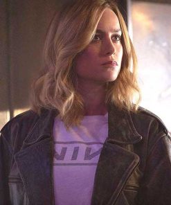 Alternative view of Captain Marvel Distressed Black Leather Biker Jacket