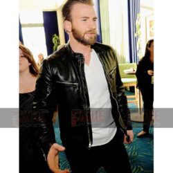 Chris Evans Black Cow Leather Cafe Racer Jacket