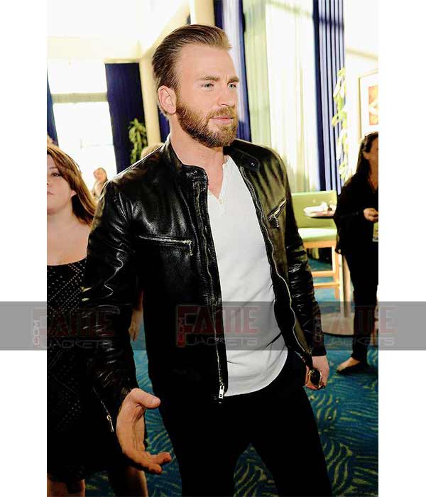 Chris Evans Black Cow Leather Cafe Racer Jacket