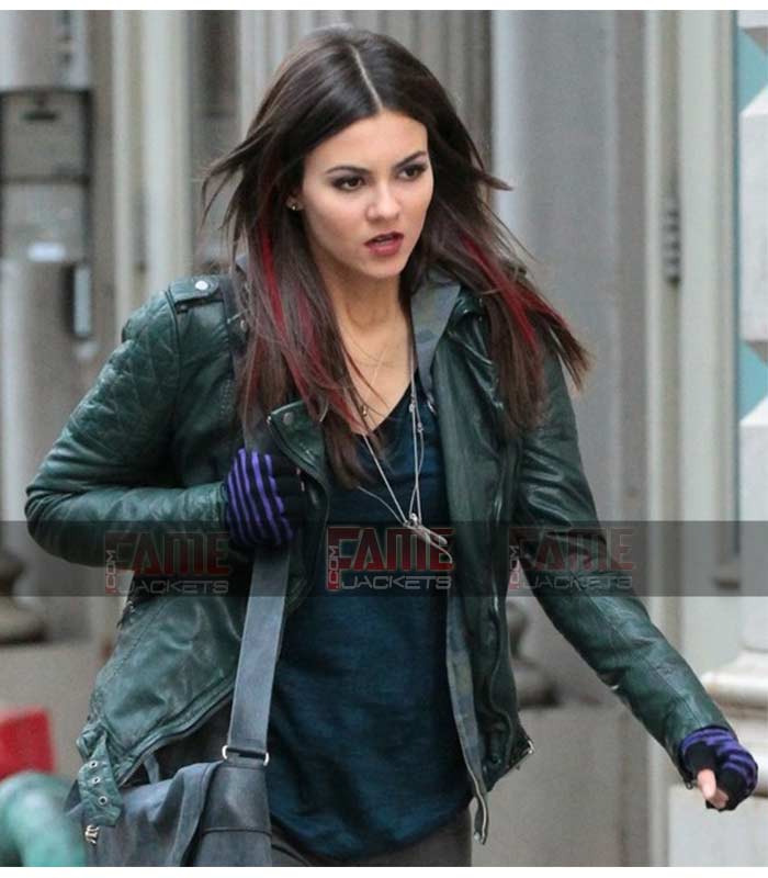 Victoria Justice Green Slim Fit Moto Jacket