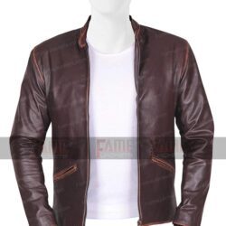 Mens Distressed Cowhide Slim Fit Cafe Racer Jacket