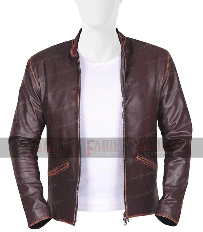 Mens Distressed Cowhide Slim Fit Cafe Racer Jacket