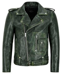 Marlon Brando Style Mens Green Biker Leather Jacket