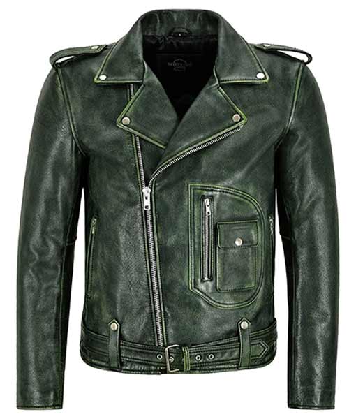 Marlon Brando Style Mens Green Biker Leather Jacket