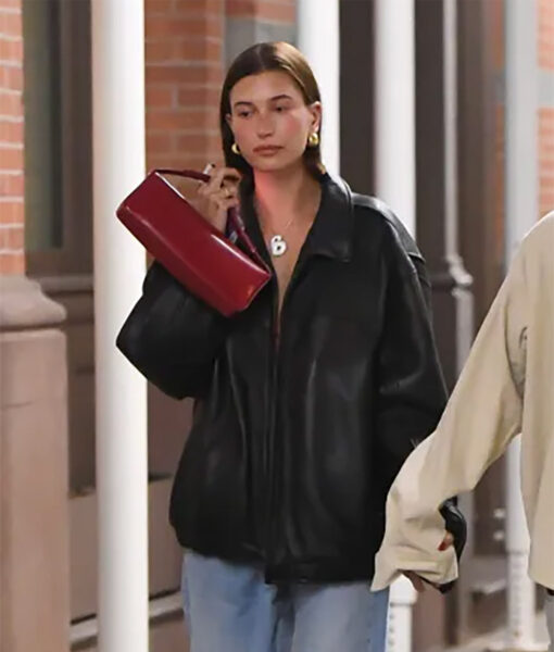 Hailey Bieber Women Black Leather Jacket