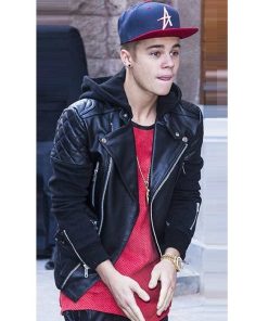 Justin Bieber Black Hooded Leather Jacket