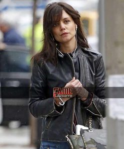 Alternative view of Katie Holmes Black Distress Real Leather Biker Jacket