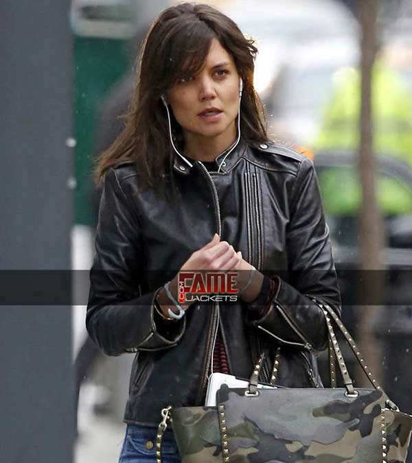 Katie Holmes Black Distress Real Leather Biker Jacket