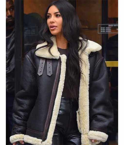 Kim Kardashian Shearling Black Leather Jacket