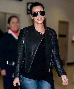 Kim Kardashian Cross Zip Black Leather Jacket