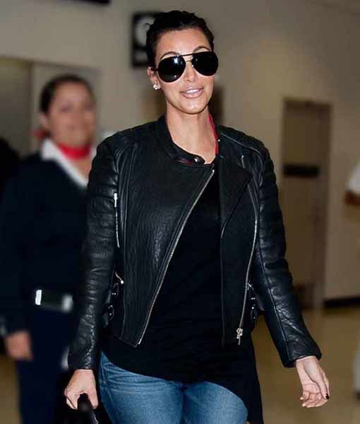Kim Kardashian Cross Zip Black Leather Jacket
