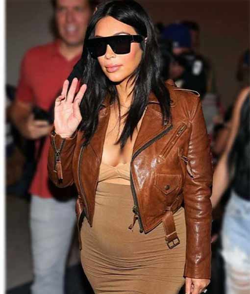 Kim Kardashian Cropped Brown Leather Jacket