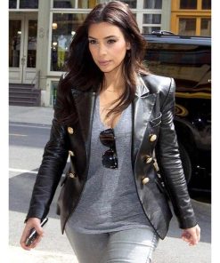 Kim Kardashian Double Breasted Real Leather Blazer