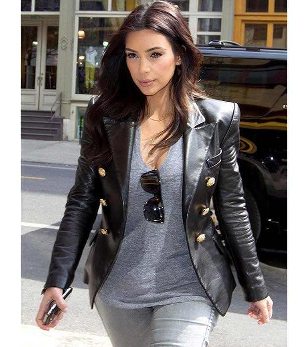 Kim Kardashian Double Breasted Real Leather Blazer