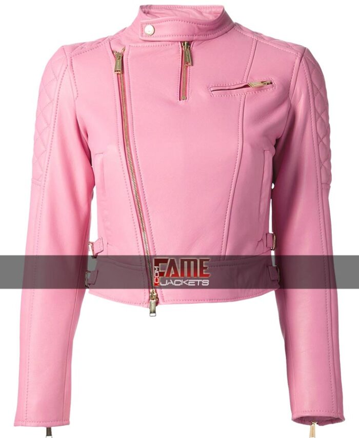 Women's Quilted Pink Leather Slim Fit Jacket