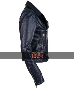 Alternative view of Ladies Blue Slim Fit Moto Biker Leather Jacket