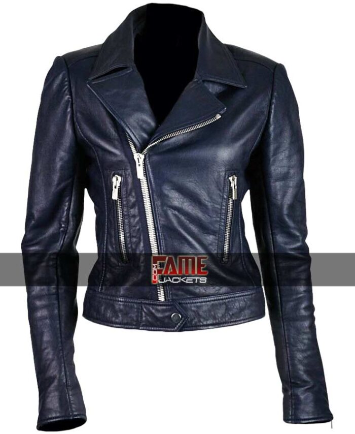 Ladies Blue Slim Fit Moto Biker Leather Jacket