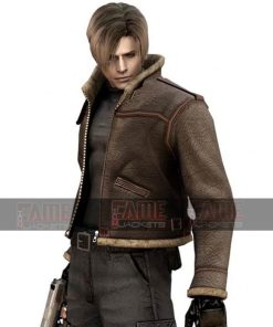 Leon Kennedy Resident Evil 4 Mens Fur Winter Leather Jacket