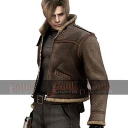 Leon Kennedy Resident Evil 4 Mens Fur Winter Leather Jacket