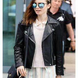 Lily Collins Brando Biker Leather Black Jacket