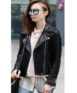 Alternative view of Lily Collins Brando Biker Leather Black Jacket