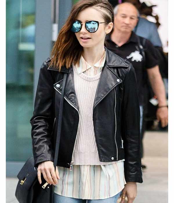 Lily Collins Brando Biker Leather Black Jacket