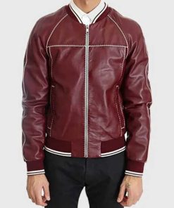 Fancy Maroon Real Leather Casual Bomber Jacket For Men