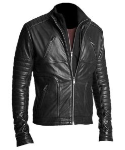 Men Black Motorcycle Leather Slim Fit Jacket