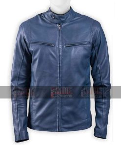 Men Blue Biker Cafe Racer Jacket