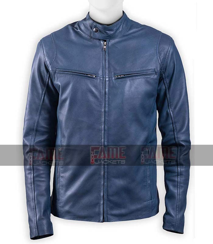 Men Blue Biker Cafe Racer Jacket