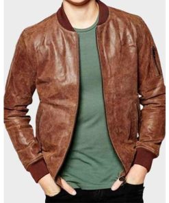 Mens Distressed Brown Bomber Leather Jacket