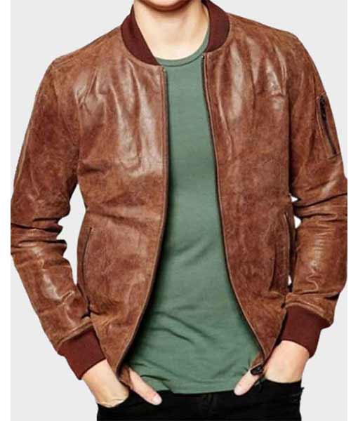 Mens Distressed Brown Bomber Leather Jacket