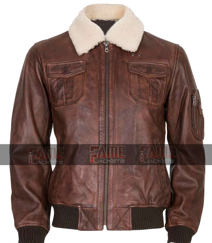 Men Fur Collar Flight Bomber Winter Leather Jacket