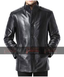 Men's Genuine Leather Buttoned Winter Coat in Black