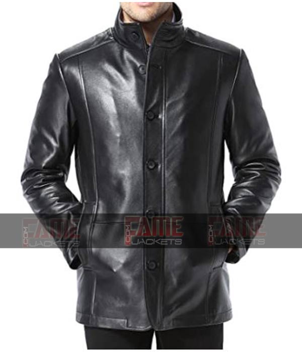 Men's Genuine Leather Buttoned Winter Coat in Black