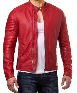 Mens Red Slim Fit Cafe Racer Jacket