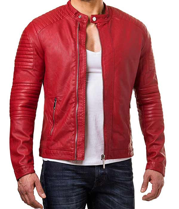 Mens Red Slim Fit Cafe Racer Jacket